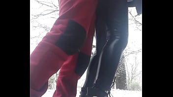 Laura On Heels amateur stepsister wearing sexy heels and black catsuit fucked between the snow