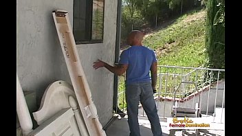 Bald plumber gets to fuck his busty client's tight asshole