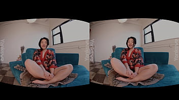 Amateur Yanks Asian beauty slowly rubs her sensitive bean, nustled deep between her full, hairless pussy lips in this amazing VR video