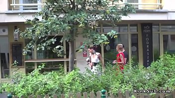 Fresh European slaves in white dresses Angel Rush and Lyen Parker d. in public